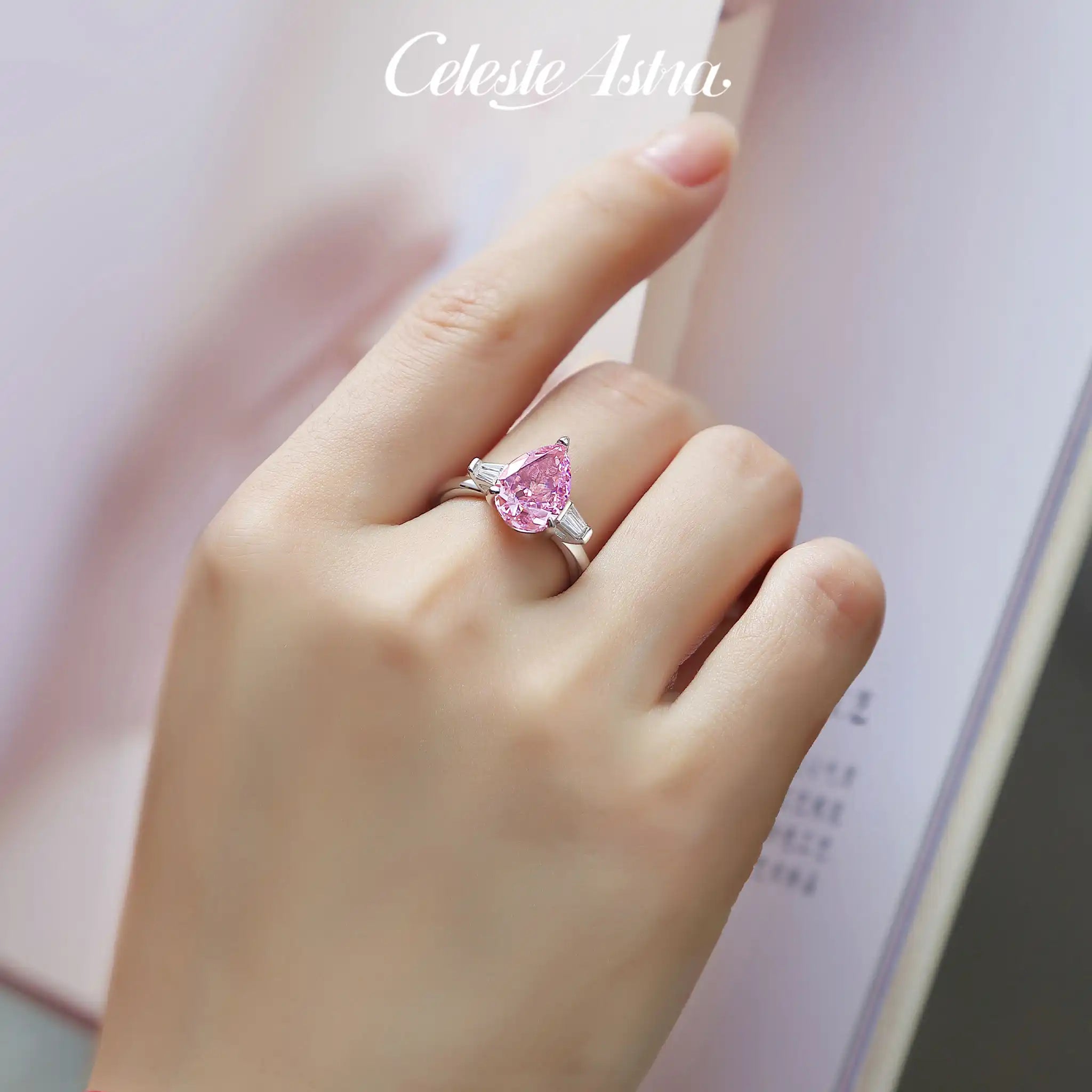 Pink Pear High Carbon Diamond Sterling Silver Ring-R74
