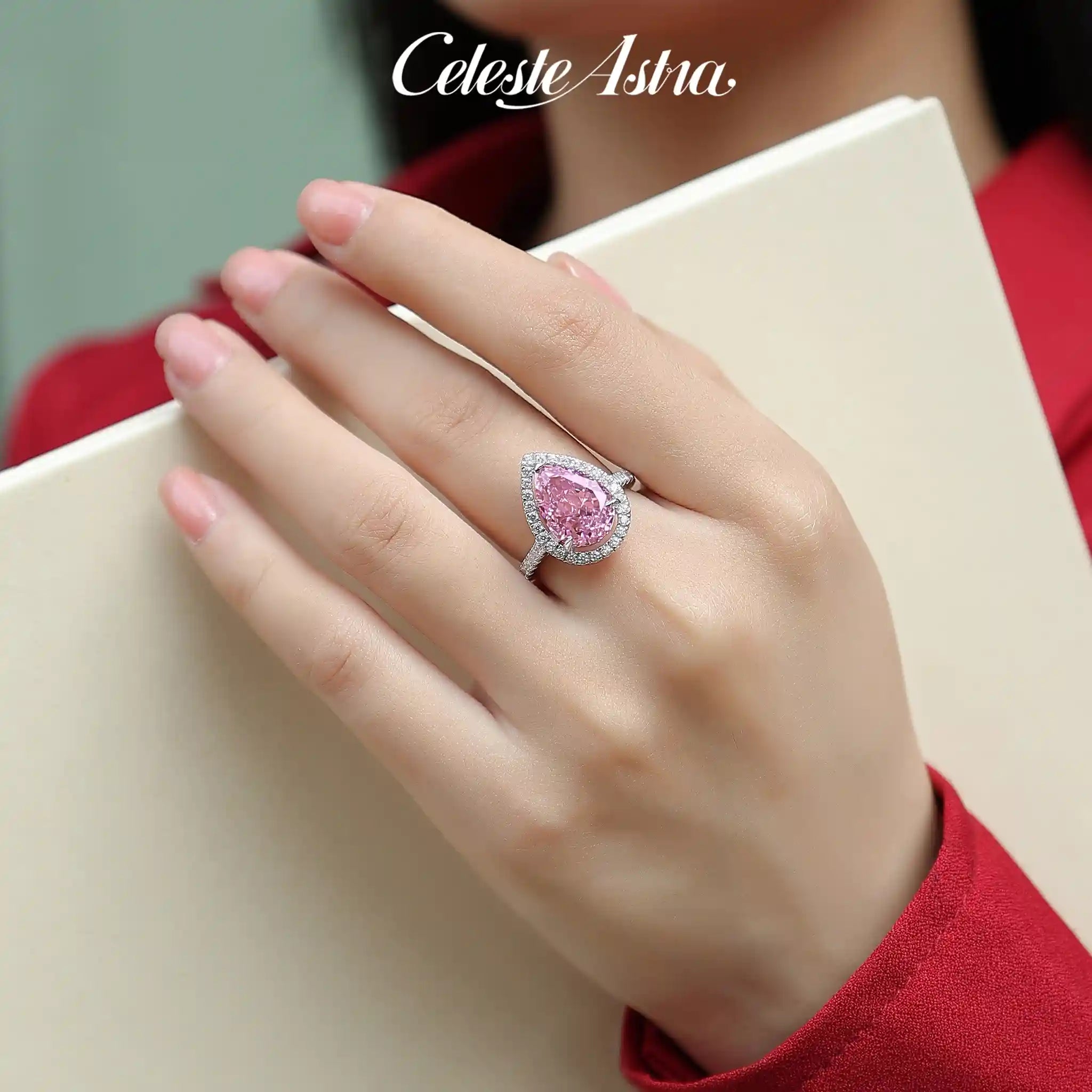 Pink Droplet High Carbon Diamond Sterling Silver Ring-R73